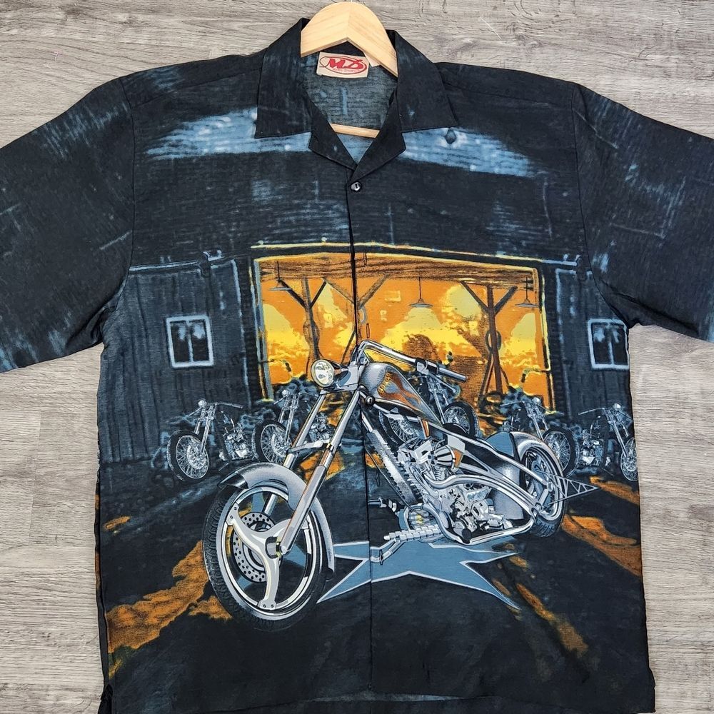 Vintage Biker 90s Y2K Motorcycle Short Sleeve Button Up Shirt Sz L - Picture 10 of 10